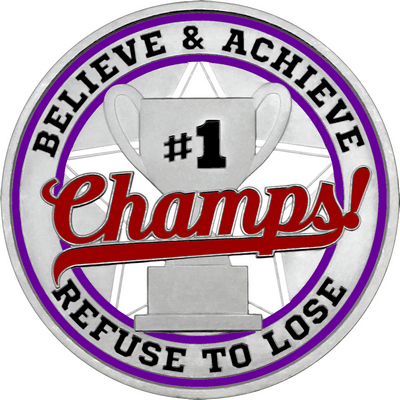 Maroon "Champs!" with Purple Outer Circular Borders